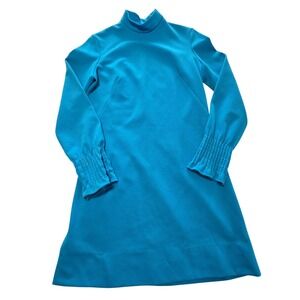 Miss Couture Vintage Mock Neck Shift Dress Blue Long Sleeve 60s Mod